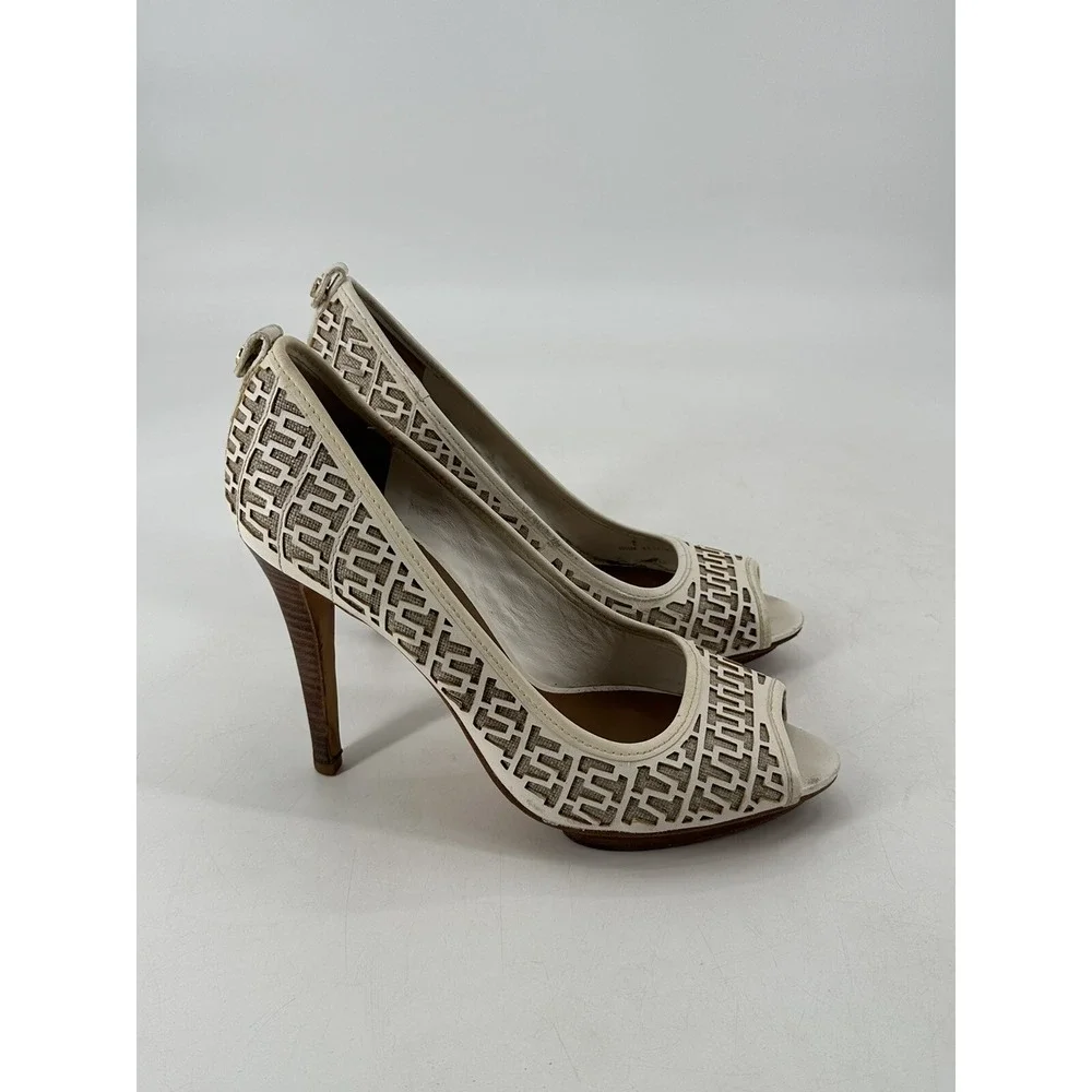 TORY BURCH‎ REGAN LEATHER WHITE OFF HEEL PUMP OPEN TOE SIZE 10.5